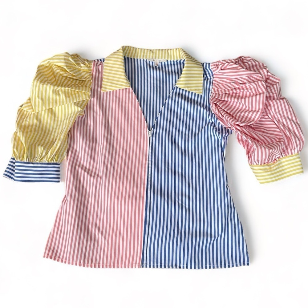 PASTEL Striped Puff Puffed Sleeves 80’s Vintage VTG sz Large L Costume Party